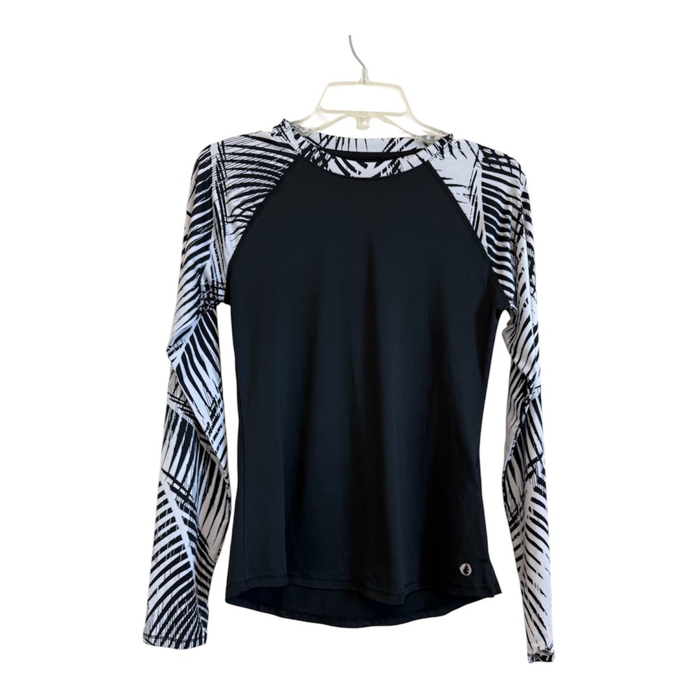 American Outdoorsman Womens Rash Guard Black Palm Leaf Long Sleeve Swim Shirt S